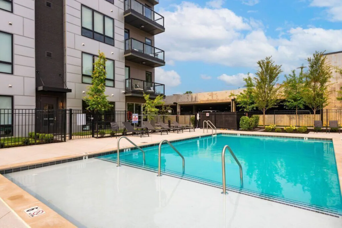 Pool and lounge area at the Odyssey building
